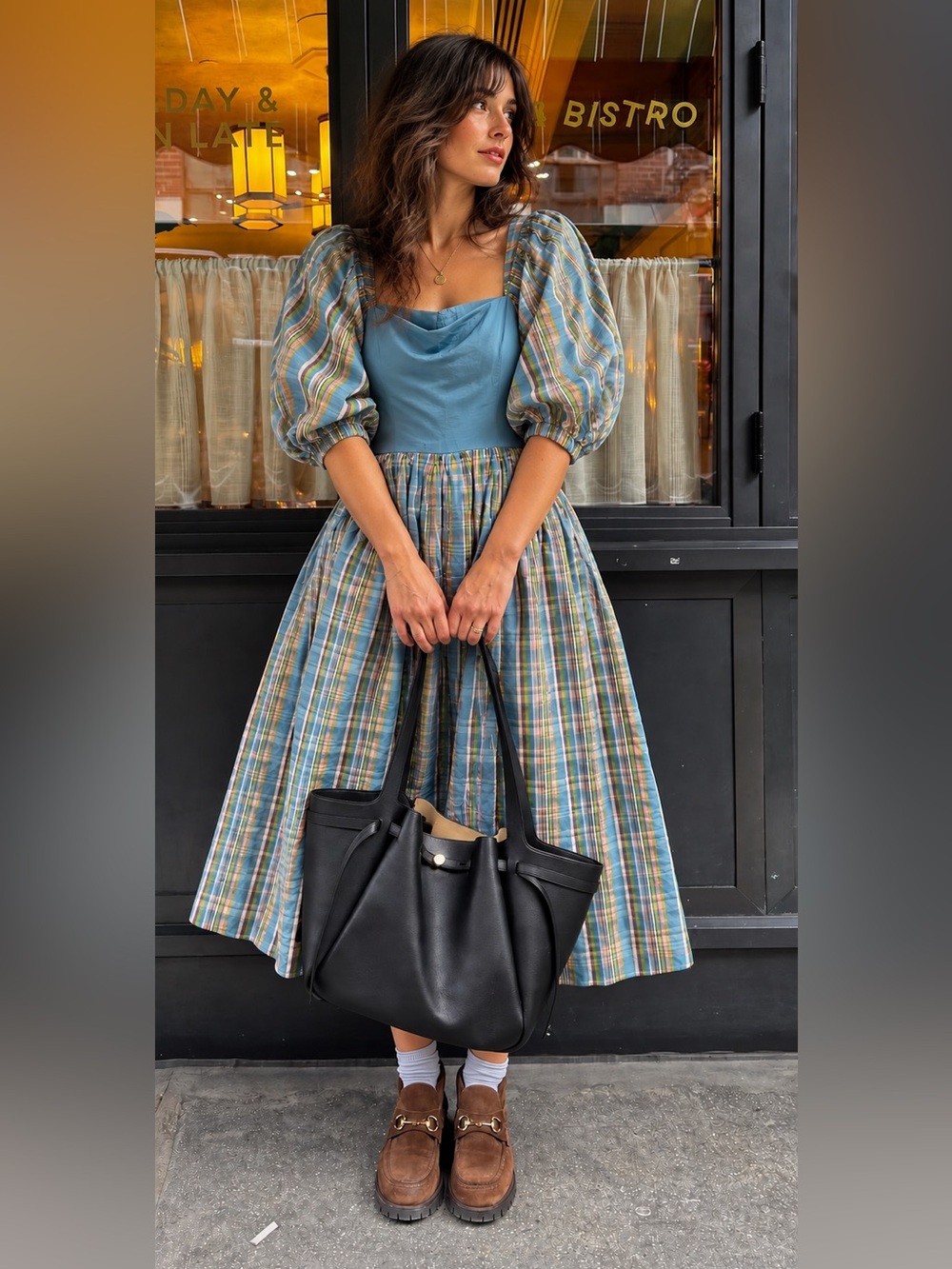 Vintage 80s Blue Plaid Taffeta Puff Sleeve Cottagecore Prairie Midi Dress